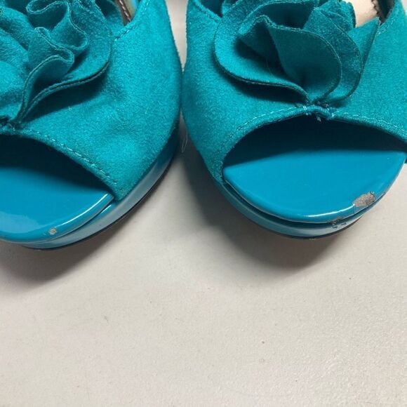 CATO Turquoise Ruffle Strap Hook & Loop Peep Toe Heels Size 7 - Picture 7 of 11